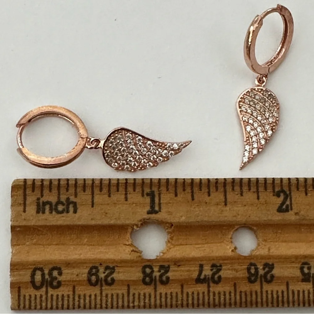 925 Silver angel wing cz dangle hoop earrings 14k rose gold plated